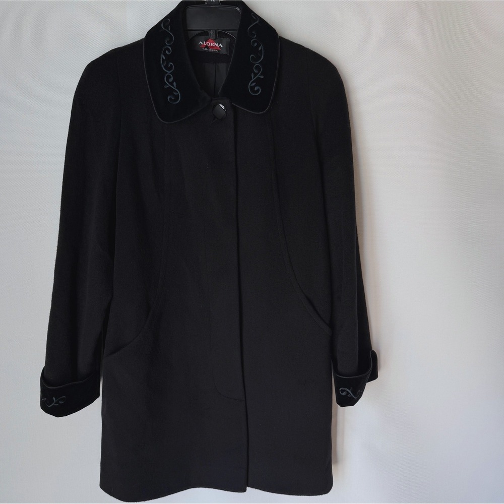 Womens Black Wool Velvet Accent Coat USA‎ Sz 12 ALORNA Dressy Formal Event Chic